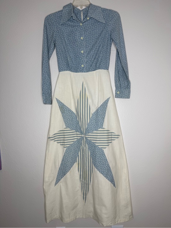 Vintage Dresses & Skirts - Vintage Star Patchwork Maxi Dress Boho Dagger Collar S